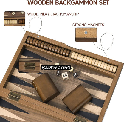 GSE Games & Sports Expert Premium Magnetic Wooden Folding Inlay Backgammon Board Game Set, Portable Travel Board Game (Double Stripe- 11 Inches)