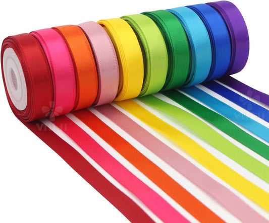 MEEDEE Rainbow Ribbon Solid Color Assortment 10 Colors Double Face Satin Ribbon for Gift Wrapping Happy Birthday Party Decorations, 3/8" X 5 Yard Each Total 50 Yds Per Package - Crafty Corner