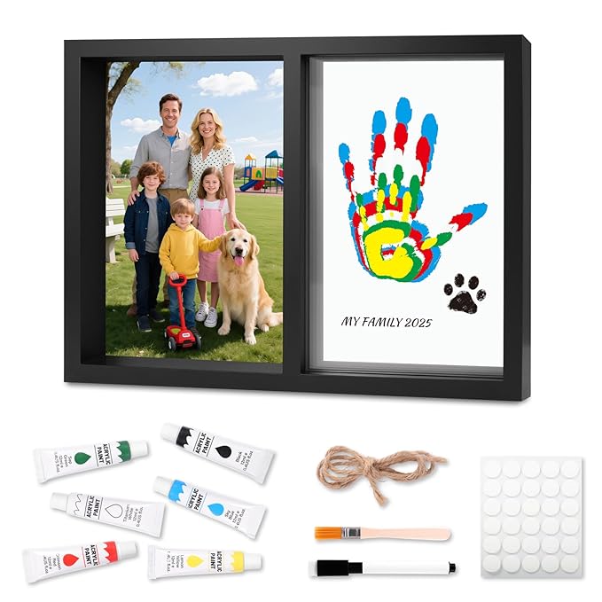 Family Handprint Kit, DIY Baby Hand and Footprint Handmade Keepsake Wooden Frame with 6 Non-Toxic Baby-Safe Paint, Family Gifts Ideas Gift for New Parents, Grandparents, Father's Day, Mother's Day