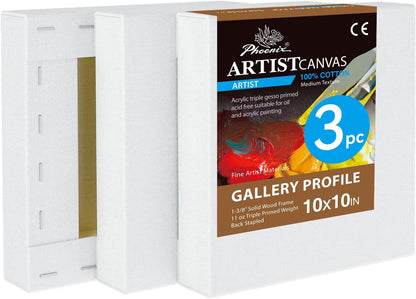 PHOENIX 10x10 Inch 3 Pack Gallery Canvas - 1.5 in Thick Square Canvases for Painting - Deep Edge 100% Cotton 11 Oz. Gesso Primed White Blank Professional Canvas Oil & Acrylic Paints
