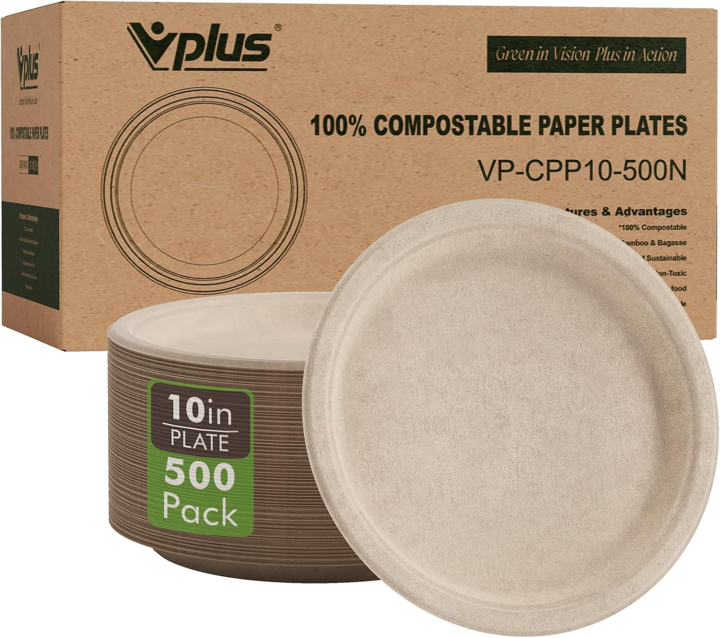 Vplus 500 Pack Compostable Disposable Paper Plates 10.25 inch Super Strong Paper Plates 100% Bagasse Natural Biodegradable Eco-Friendly Sugarcane (nature)