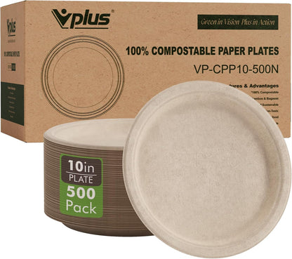 Vplus 500 Pack Compostable Disposable Paper Plates 10.25 inch Super Strong Paper Plates 100% Bagasse Natural Biodegradable Eco-Friendly Sugarcane (nature)