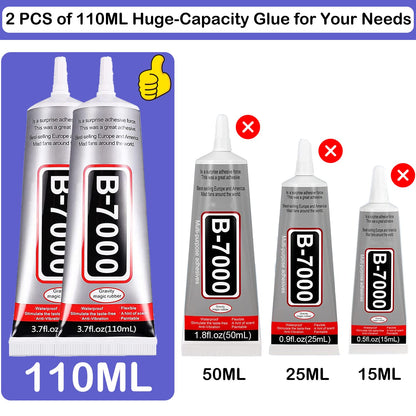 B7000 Adhesive Rhinestones Glue for Crafts, 2PCS 110ml / 3.7 fl oz with 5 Dotting Pen Tool, Wax Pencil and Tweezer, Jewelry Glue for DIY Craft, Makeup, Shoes, Jewelry Making, Nail Art