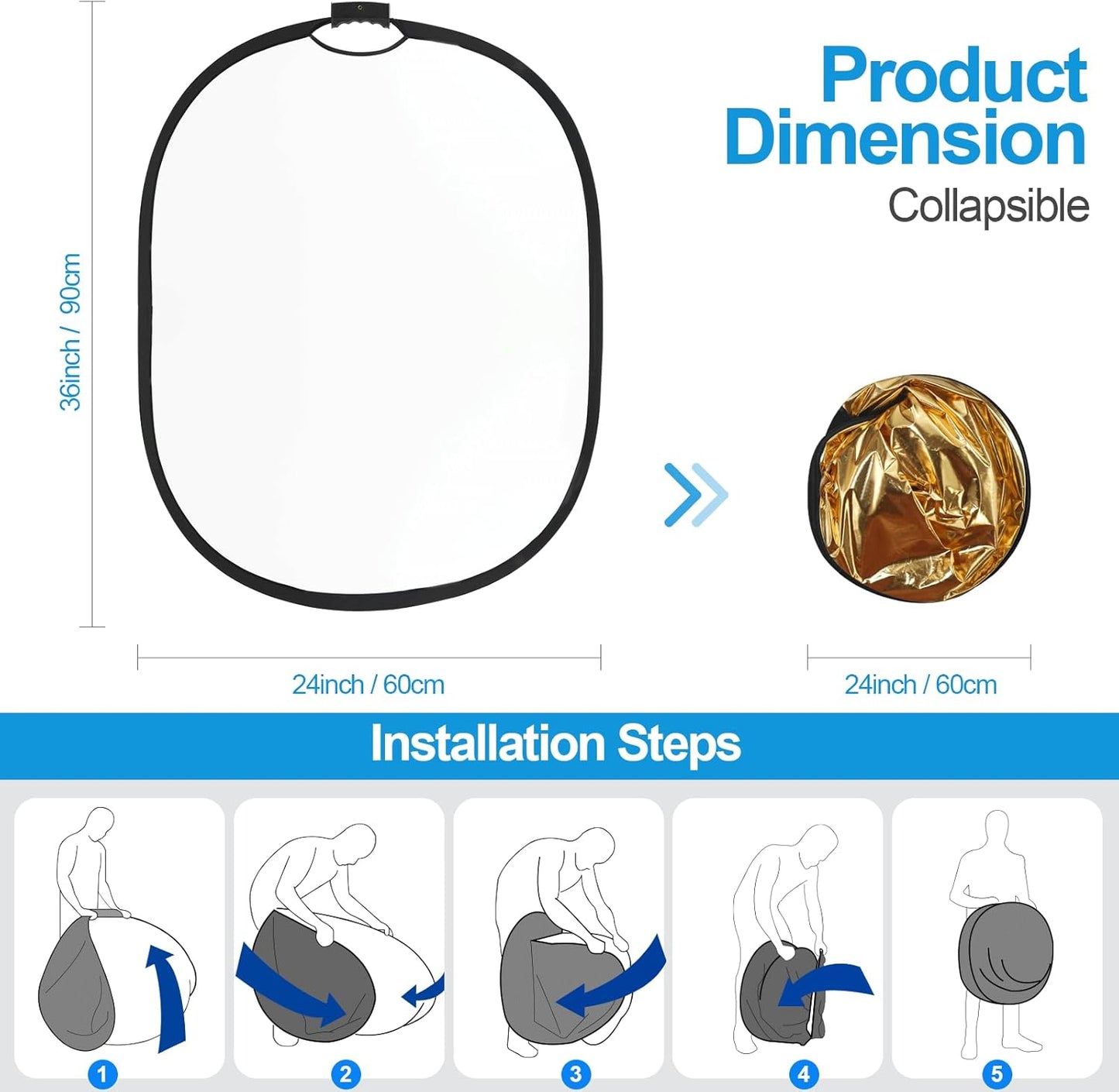 WELLMAKING 24'' x 36'' (60 x 90cm) Photography Reflector 5-in-1 Collapsible Light Reflector with Bag & tilt Adapter, Portable Light Reflector Photography Panel for Studio Video & Outdoor Lighting