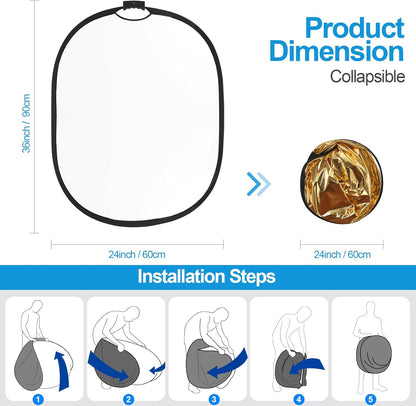 WELLMAKING 24'' x 36'' (60 x 90cm) Photography Reflector 5-in-1 Collapsible Light Reflector with Bag & tilt Adapter, Portable Light Reflector Photography Panel for Studio Video & Outdoor Lighting