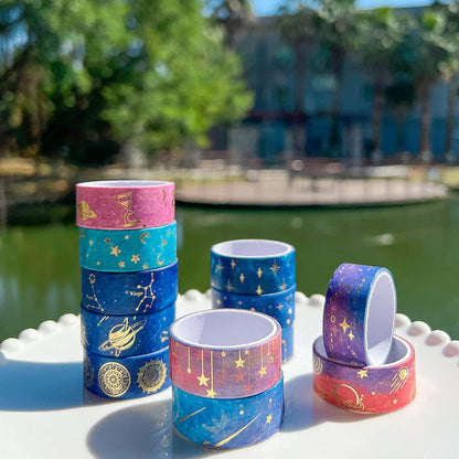 12 Rolls Galaxy Washi Tape Set, Gold Foil Decorative Masking Tape for Scrapbooking, Bullet Journal, Planner, DIY Crafts, Gift Wrapping