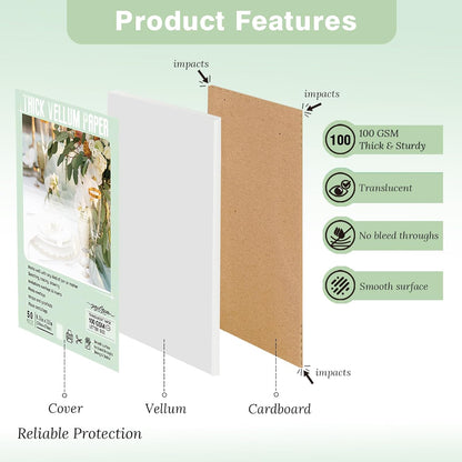 JAGERGREEN Vellum Paper 8.5 x 11 Inches 100GSM 100 Sheets, Thick Translucent Printable Vellum Paper for Invitations, Vellum Jackets, Envelopes, Crafts, Wedding Belly Bands, Tracing Paper for Sketching