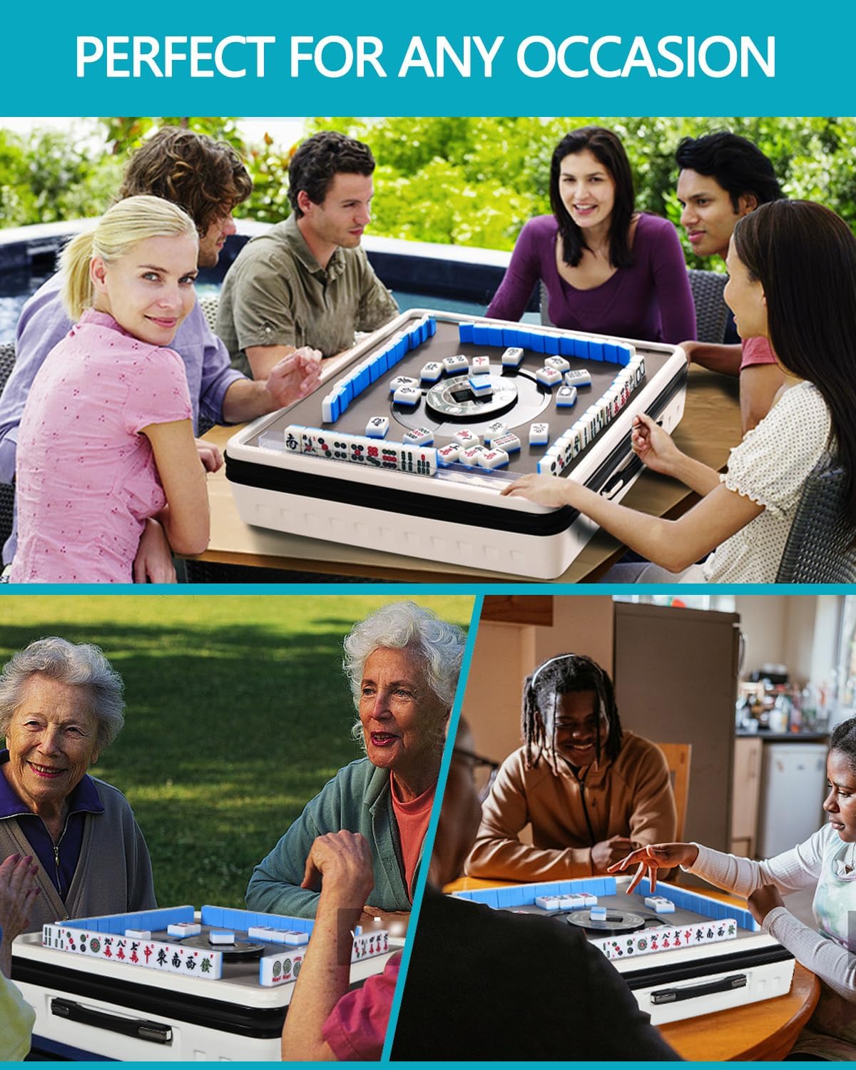 Portable Automatic Mahjong Table, Hand-held Mini-Mahjong, Automatic Mahjong, Foldable Mahjong Table w/American&Chinese -Style Magnetic Tiles, for Outdoor & Home Fun (White)