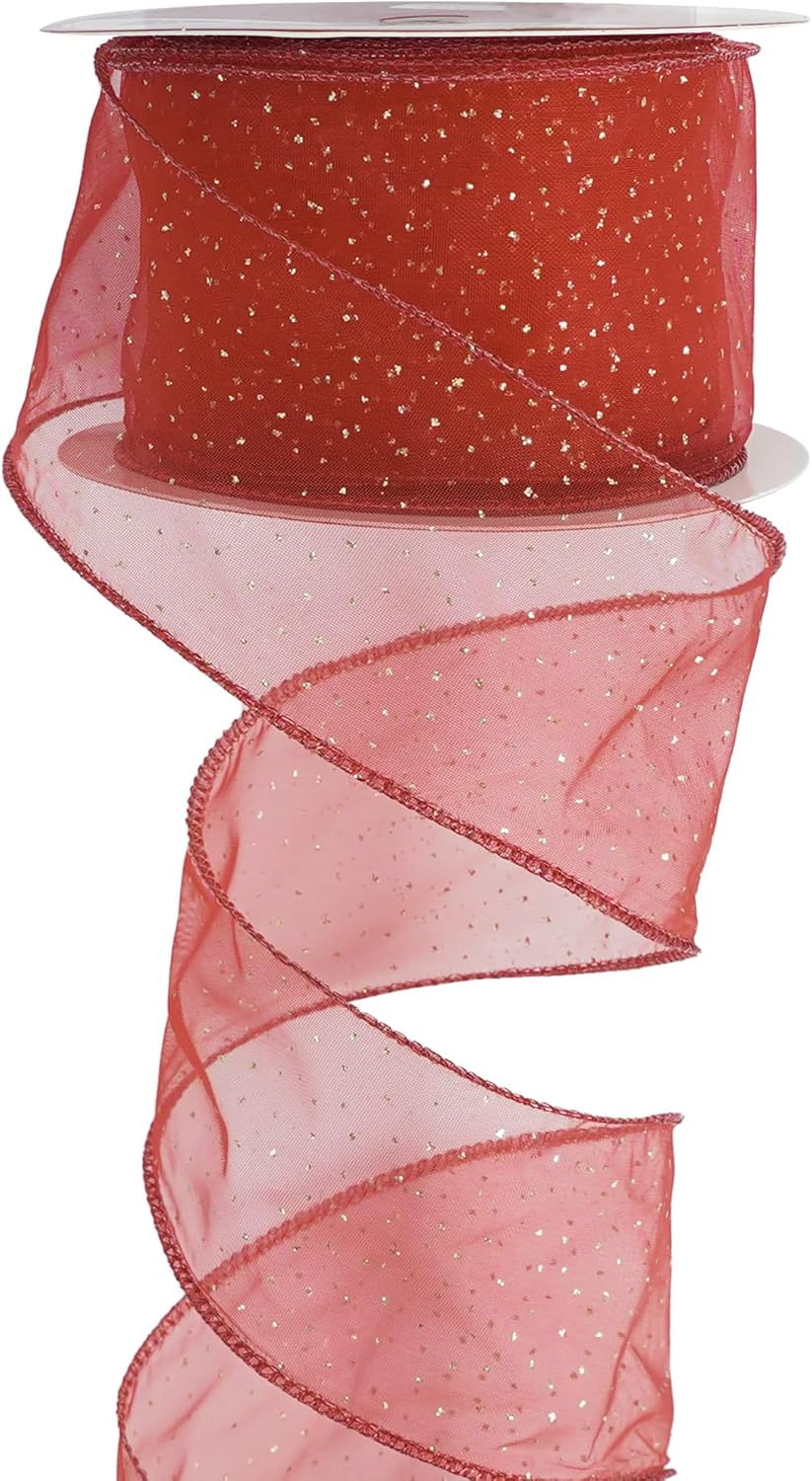 MEEDEE Red Gold Wired Ribbon - 2.5 Inch Sheer Ribbon with Gold Glitter Polka Dots for Christmas Tree, Wreath and Bow Making - Crafty Corner