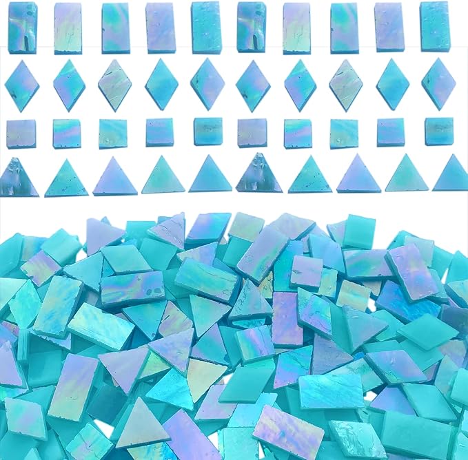 Iridescent Aqua Stained Glass Mosaic Tiles, 280 Pieces Mixed 4 Shapes Stained Glass Supplies for Mosaic Projects