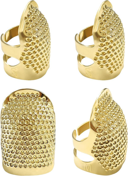 FR 4 Pack (2 Sizes, S/M) Sewing Thimble Finger Protector, Adjustable Finger Metal Shield Protector Pin Needles Sewing Quilting Craft Accessories DIY Sewing Tools Needlework Gold