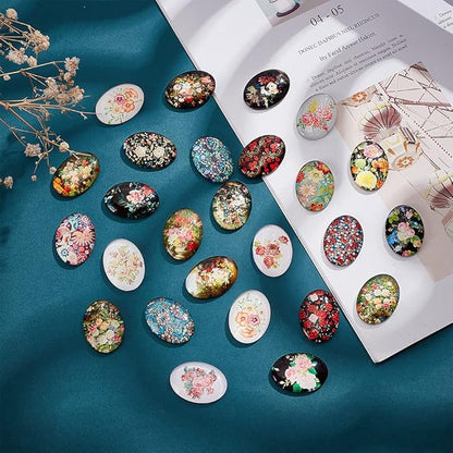 PH PandaHall 50pcs Oval Glass Cabochons, 25x18mm Flower Printed Glass Cabochons Vintage Mixed Color Mosaic Tile for Craft Photo Pendant Earring Necklace Keychain Jewelry Making
