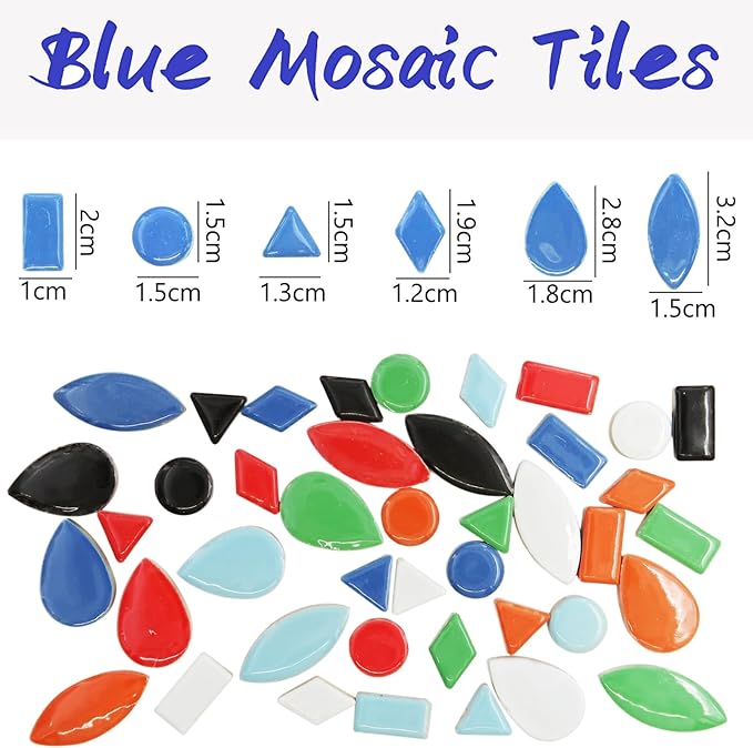 50 Blue Ceramic Petal Mosaic Tiles, 50 Pieces, 7 Colors, 6 Shapes, Indoor/Outdoor Use