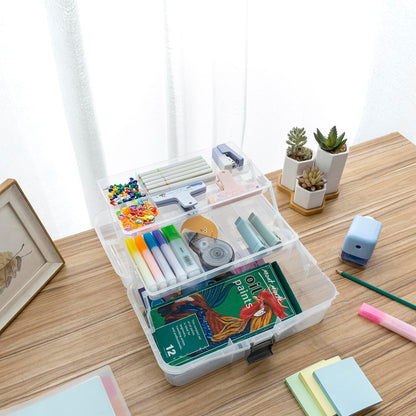 MyGift 13 Inch Transparent Plastic Empty Multipurpose Storage Box with Gray Handle, Latching Lid and 2 Expandable Trays for Tools, First Aid, Sewing Kit, Arts Crafts Supplies