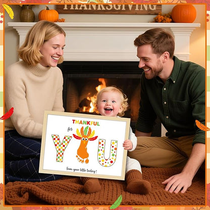 Thanksgiving Turkey Footprint Art Craft DIY Kit Polka Dots Fall Thanksgiving Gifts Thankful for You Little Turkey Footprint Keepsake with Wood Frame for Mom Dad Friend Holiday Activities 12x16 Inch