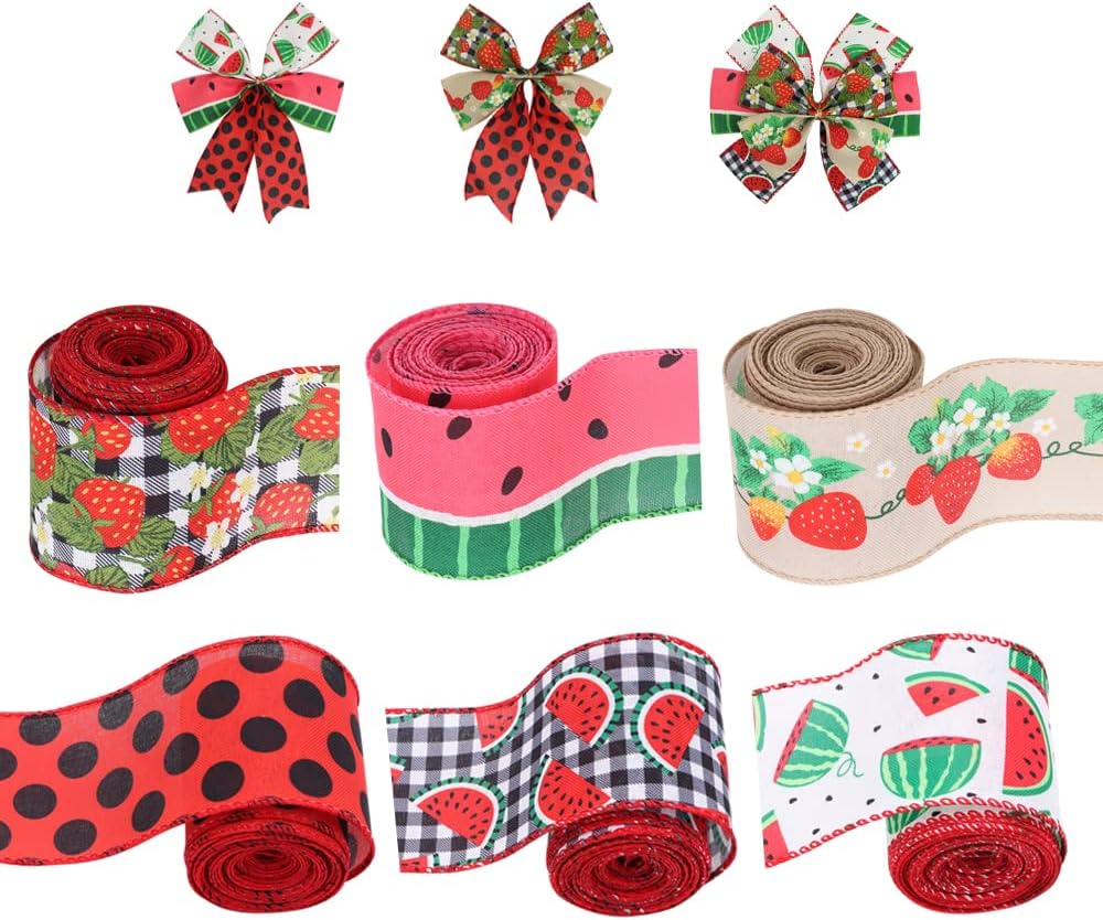 2.5" Watermelon and Strawberry Ribbon,Summer Craft Wire Edged Ribbon,Checks,Polka Dots,Watermelon Slices,Strawberries and Flowers Faux Linen Ribbons for Floral Arrangements, Packages and Home Decor. - Crafty Corner