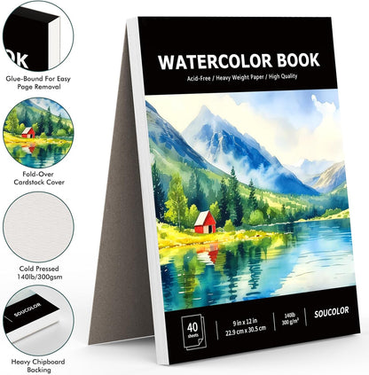 Soucolor Watercolor Paper Pad, 9"x12" Water Color Paper, 140lb/300gsm 40 Sheets Artist Painting Drawing Paper Book, Art Supplies for Adults Kids, Watercolor Paint Set, Sketchbook, Journal, Notebook - Crafty Corner