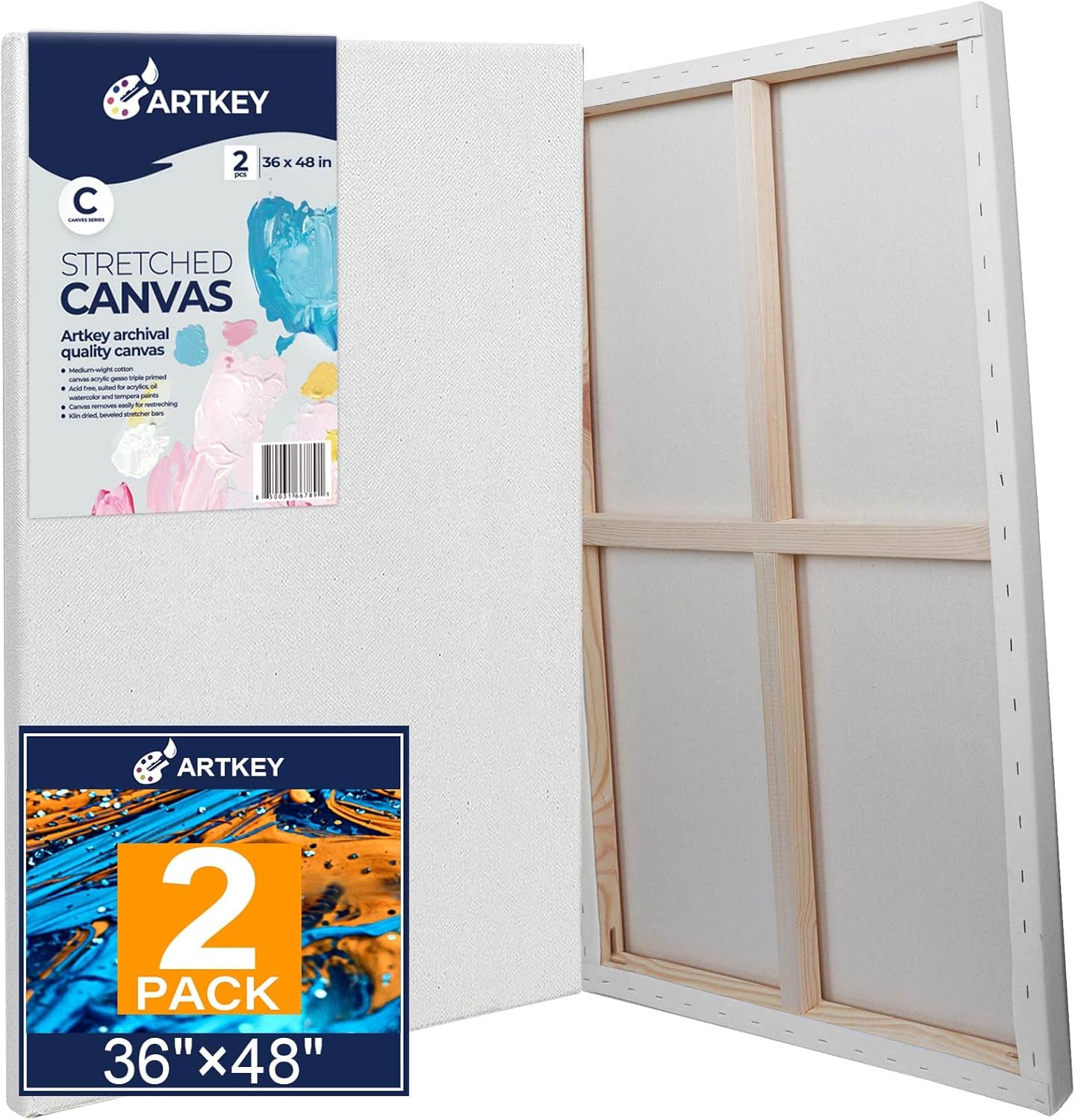Large Canvases for Painting 36x48 Inch 2-Pack, 12.3 oz Triple Primed Acid-Free 100% Cotton Stretched Canvas, Blank Large Canvas for Oil Paint Acrylics Pouring & Wet Art Media