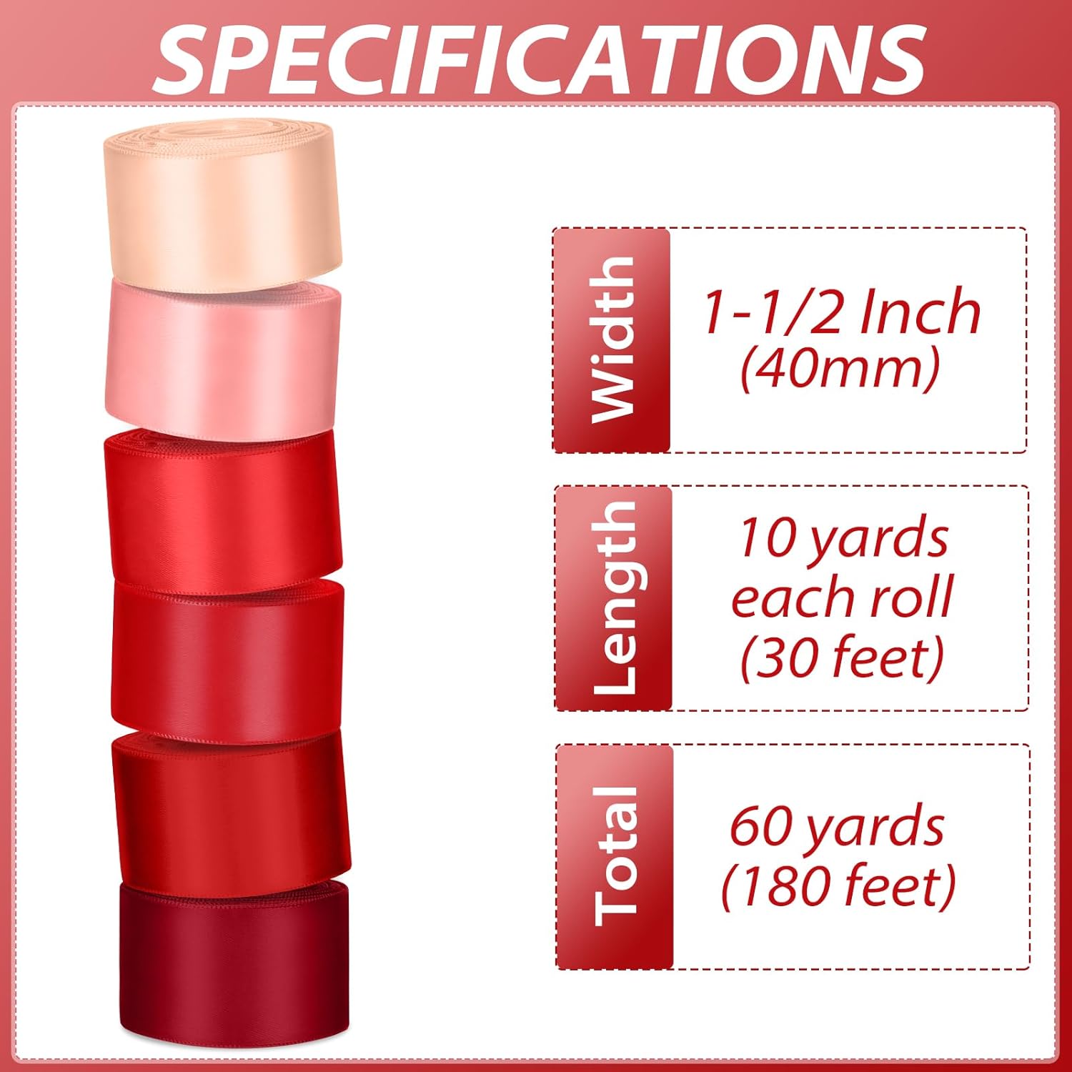 1-1/2 Inch Red Satin Ribbons for Crafts, 6 Rolls Single-Faced Red Assorted Ribbons for Gift Wrapping Flower Bouquet Wedding Invitations Bridal Shower Hair Bows Garland Party Decor - Crafty Corner