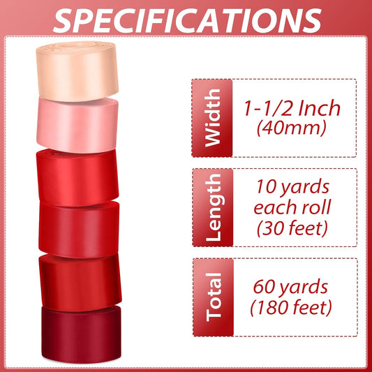 1-1/2 Inch Red Satin Ribbons for Crafts, 6 Rolls Single-Faced Red Assorted Ribbons for Gift Wrapping Flower Bouquet Wedding Invitations Bridal Shower Hair Bows Garland Party Decor - Crafty Corner