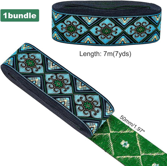 PH PandaHall 7 Yards Jacquard Ribbon Trim 2 Inch Boho Embroidered Woven Lace Ribbon Fabric Vintage Flowers Straps Fabric Bias Tape for Bohemian Persian Clothes Bag Holiday Christmas Decor Gift Wrap