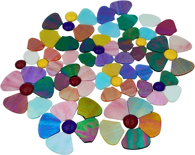 Yuvori Iridescent Flower Mosaic Tiles – 12pcs Mixed Sizes, 5-Petal Iridescent Mica Flowers with Center Beads for DIY Mosaic Art, Fairy Garden, Home Craft, Outdoor Decor (Iridescent Mixed Color)