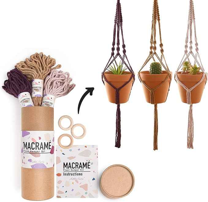 Aesthetic Creative Macrame Kit, Makes 3 DIY Plant Hangers for Teens & Adult Beginners, Craft Supplies for Boho Art Project-3 Custom Color Macrame Cord, Wooden Rings & Instructions