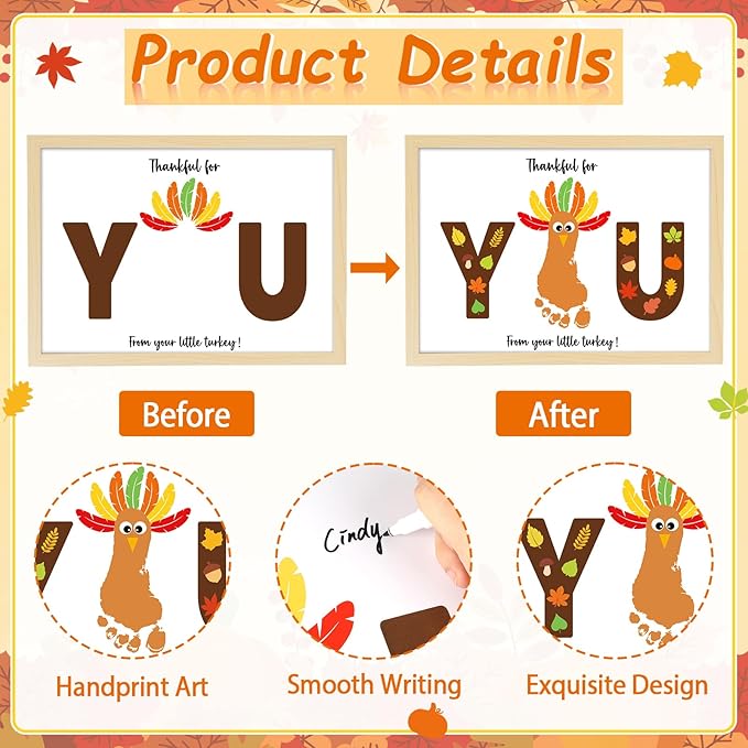 Thanksgiving Turkey Footprint Art Craft DIY Kit Brown Fall Thanksgiving DIY Gifts Thankful for You Little Turkey Footprint Keepsake with Wood Frame for Mom Dad Friend Holiday Activities 12x16 Inch