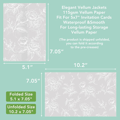 SWANGSA 100 Pack Vellum Jackets for 5x7 Invitations, Elegant White Rose Vellum Paper, 115GSM Translucent Invitation Sleeve Wraps for Wedding Bridal Baby Shower Birthday Envelopes