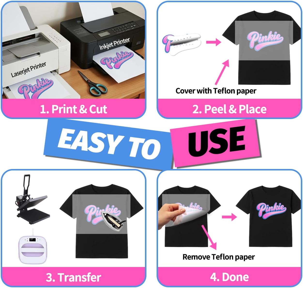 Lovein Pinkie Iron on Heat Transfer Paper for Dark T Shirts (20 Sheets 8.5x11", Dark Plus) Printable HTV Heat Transfer Vinyl for Inkjet & Laserjet Printer Iron on Transefers Paper for Dark Fabric