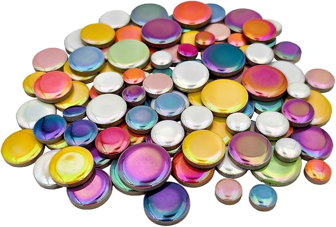 200g Iridescent Round Mosaic Tiles for Crafts Bulk, 11mm-23mm 4 Size Circular Mosaic Ceramic Pieces for Vases, Garden Decor, DIY Mosaic Making (Multicolor)