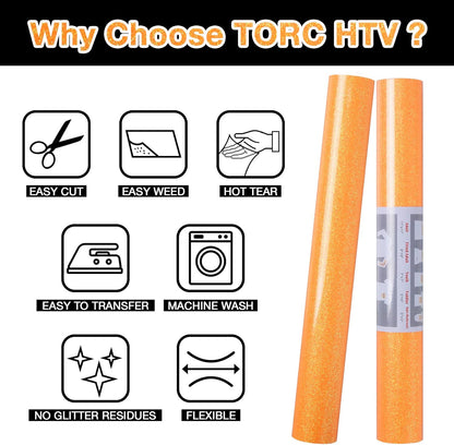 TORC Orange Glitter HTV Heat Transfer Vinyl Roll 12 inch x 10 ft (12 in x 5 ft per Roll) Iron on Vinyl for T Shirts Crafts