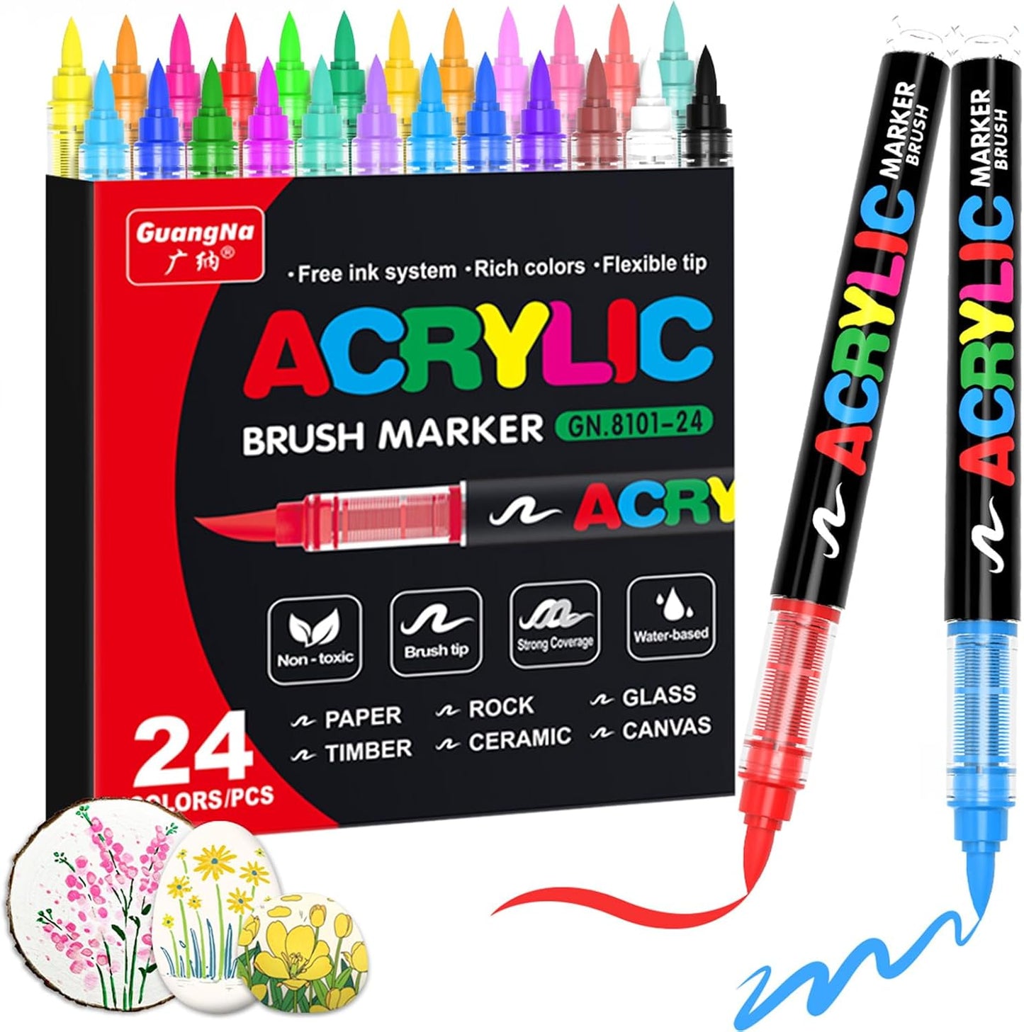 Guangna Acrylic Paint Markers,24 Colors with Direct-Liquid Ink Control System, Professional-Grade Paint Pen for Rock Painting, Canvas, Glass, Plastic, Fabric & Creative Crafts