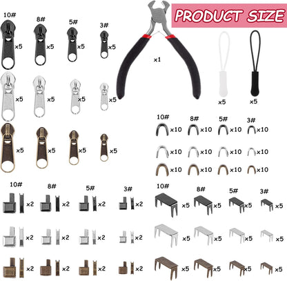 275 Pcs Zipper Repair Kit - Replacement Zipper Pulls & Sliders Set with Install Pliers for Jackets, Coats, Sleeping Bags, Backpacks