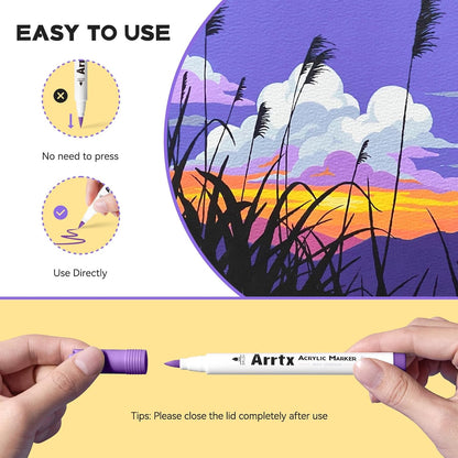 Arrtx 48 Colors Acrylic Marker, for Rock Painting, Extra Brush Tip Markers Paint Pens, Art Supplies, Fabric Paint, Art Markers, Waterproof Paint DIY Crafts Making& 48E