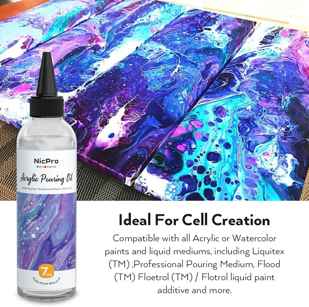 Nicpro 7 Ounce Silicone Pouring Oil for Art, Dramatic Cell Activator for Acrylic Paint Pour, 100% Silicone Medium Compatible with All Painting Acrylic or Watercolor