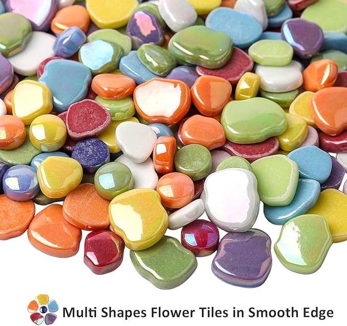 Youway Style Flower Mosaic Tiles for Crafts Bulk,1LB Iridescent Mosaic Tiles Supplies, Petal Mosaic Pieces for Garden Decoration,DIY Glass Mosaic Crafts