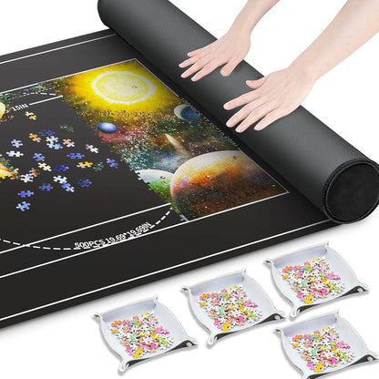 Nattork Jigsaw Puzzle Mat Roll Up，Portable Saver Pad Up to 2000 Pieces，with Non-Slip Rubber Bottom，4 Puzzle Sorting Trays & 1 Storage Bag
