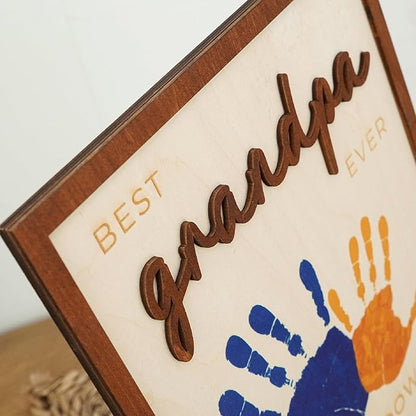 Dad Hand Print Sign Personalized Father Birthday Gifts Wooden Plaque Family Name Best Dad Ever Hands Down Frame Engraved Art Craft Gift For Grandpa Daddy Papa from Daughter Son Wife