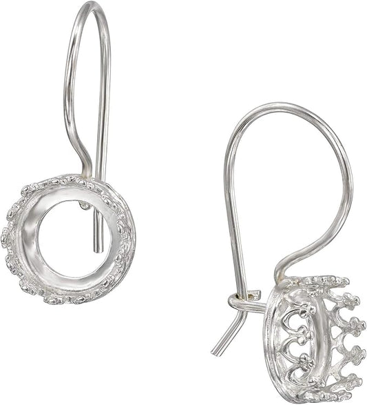 925 Sterling Silver 8 mm Crown Round Setting Kidney Ear Wire Mounting for DIY Earrings, 2 Pcs (1 Pair)