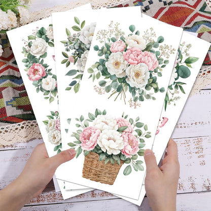 GLOBLELAND 4 Sheets Pink and White Flowers Transfer 11.8x5.9inch Peony Wreath Rub on Transfer Self-Adhesive Wall Art Decals for Farm Bedroom Living Room Desk Table Decoration