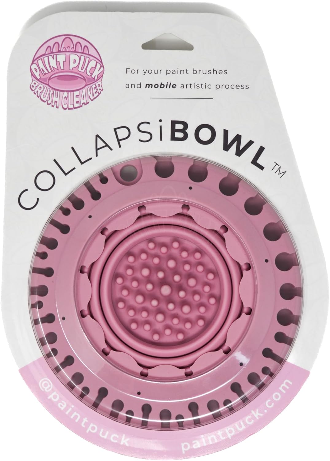 Paint Puck CollapsiBowl Paint Brush Cleaner Rinse Cup (Pink) – Collapsible Paint Water Cup & Brush Cleaner with Brush Holder, Squeegee Lips & Drip Tray for Acrylic, Watercolor & Art Supplies