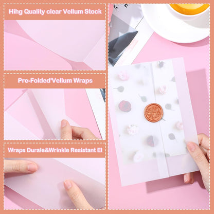 120Sheets Pre-Folded Transparent Vellum Jackets Paper for 5 x 7 in Invitations, 100GSM Translucent Matte Vellum Paper for DIY Printing Drawing Invitations Greeting Cards Invitation Cards