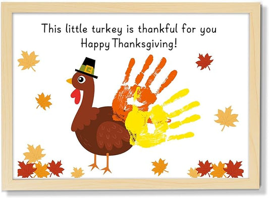 Thanksgiving Turkey Handprint Art Craft DIY Kit Happy Thanksgiving DIY Gifts Fall Thankful Little Turkey Family Handprint Art Keepsake with Wood Frame for Mom Dad Friend Holiday Activities 12x16 Inch