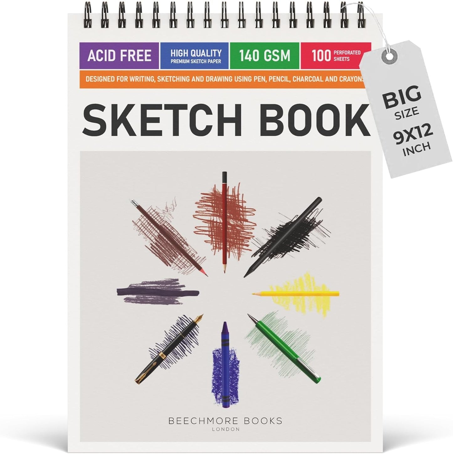 BEECHMORE BOOKS 9x12 Spiral Sketchbook – 140 GSM Acid-Free Paper, 100 Perforated Pages, A4 Art Sketch Pad for Drawing & Sketching, Artists, Adults - Crafty Corner