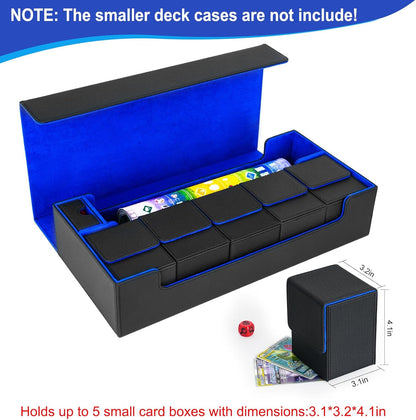 Card Deck Box,X-Large Premium Trading Card Storage Case with Mat and Dice Compartment,Magnetic Game Deck Display Case Compatible with MTG/TCG/Yugioh/Magic/Commander(Black＆Blue)