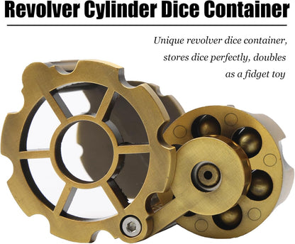 Bullet Dice, Revolver Bullet Metal Dice Set with Spinning Revolver Cylinder Container & Seven Polyhedron Dices for Sci-Fi, War, Crime Theme Tabletop Games
