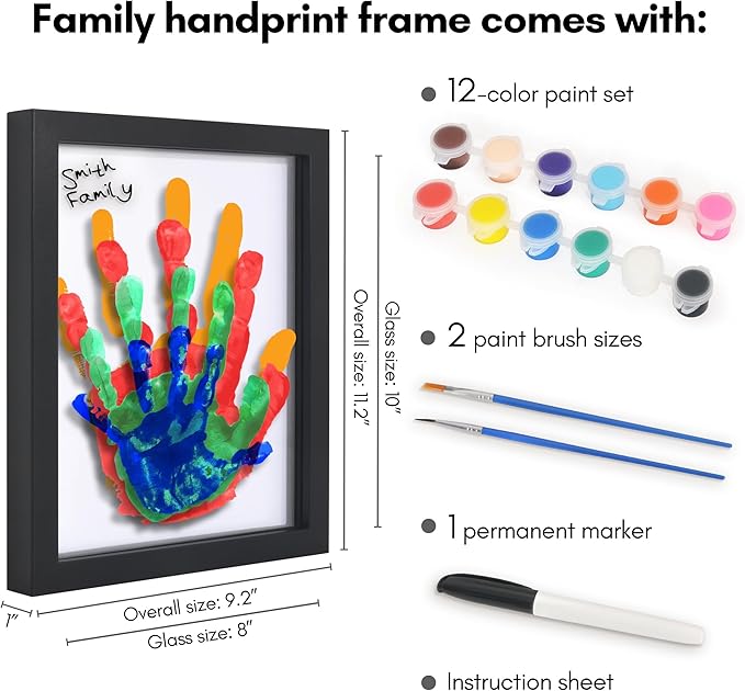 Americanflat Family Handprint Kit with Polished Plexiglass - 8x10 Frame with Five Panels for DIY Prints - Includes Washable Paint, Brushes and Marker - Keepsake Frame for Wall Display - Black
