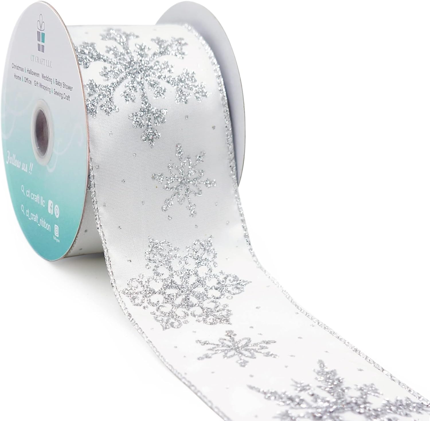 CT CRAFT LLC White Satin with Silver Snowflake Wired Ribbon 2.5 Inch x 10 Yards for Christmas Home Decor Tree Topper Bow Gift Wrapping DIY Crafts Wreath Garland - Crafty Corner