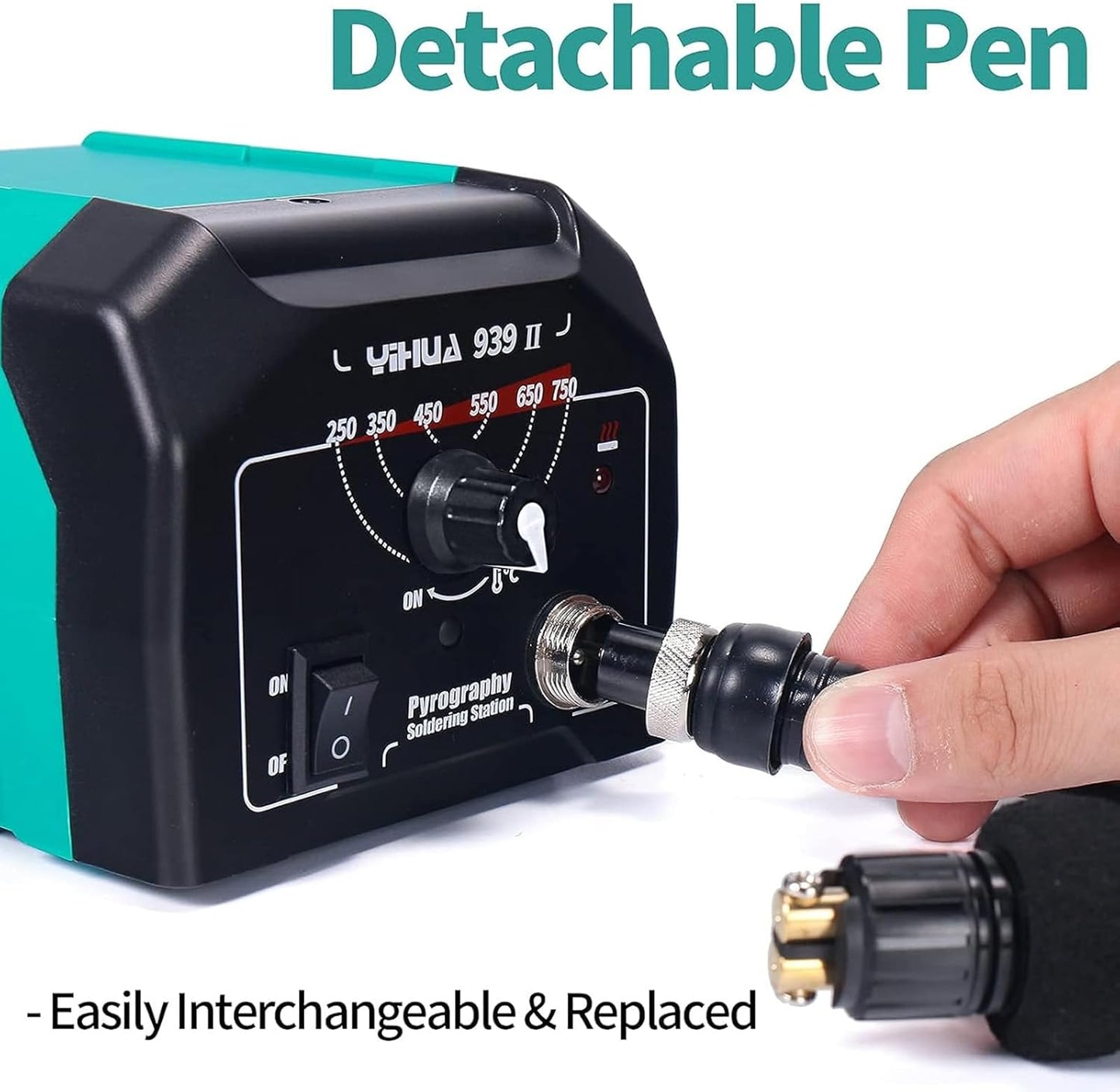 YIHUA 939-II Wood Burning Kit Station Pyrography pen 250~750℃/482~1382℉ Temperature Adjustable with 20 Wire Nibs, 1 stable pen holder, 2 stencils, 2 scrap wood, 1 S/S Tweezers, and 1 pliers (Green) - Crafty Corner
